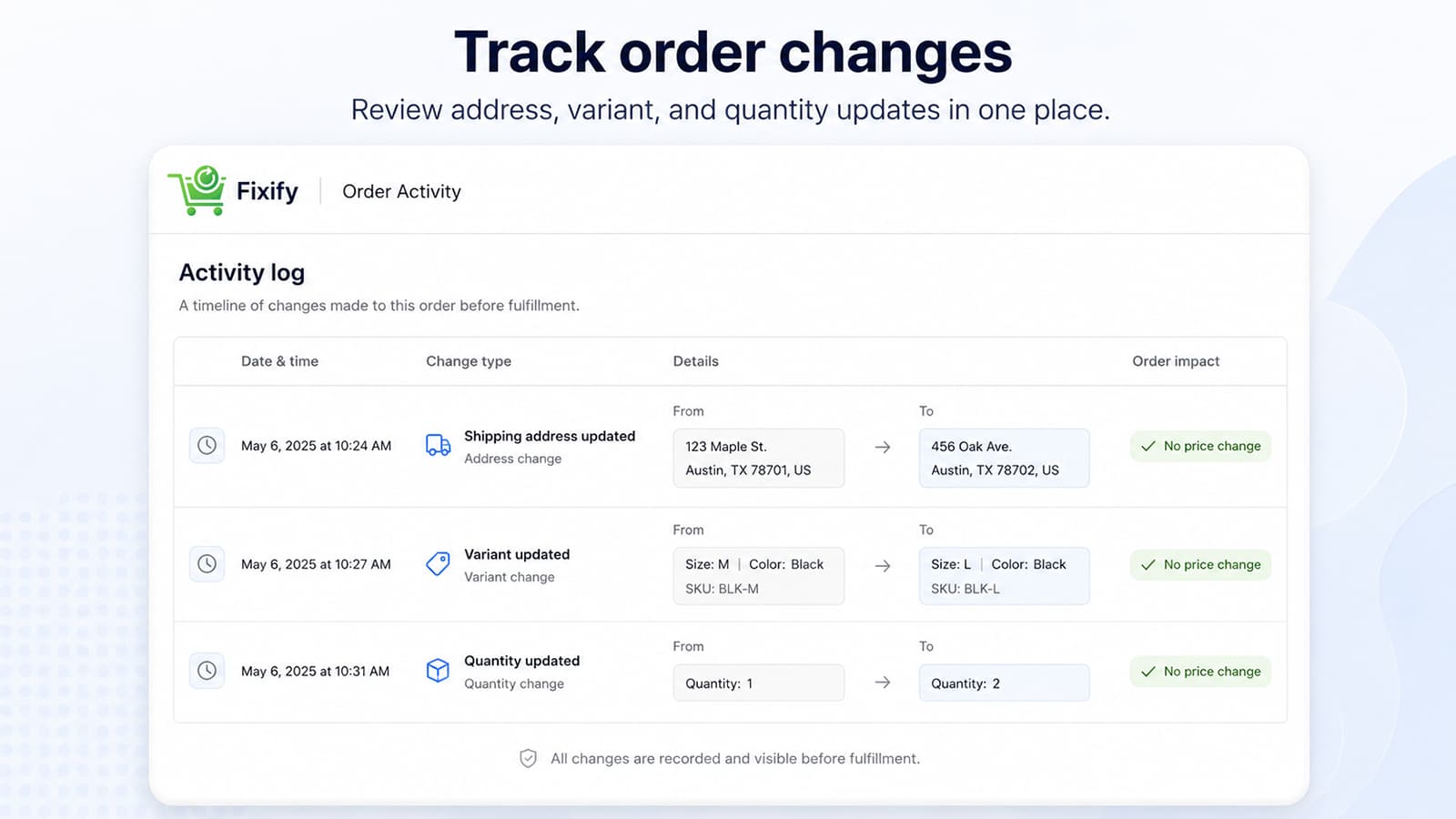 Fixify merchant activity history showing completed address, variant, and quantity changes