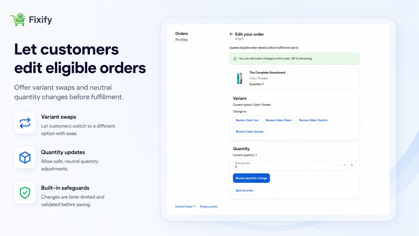 Fixify Customer Account screen for eligible same-product variant and quantity changes