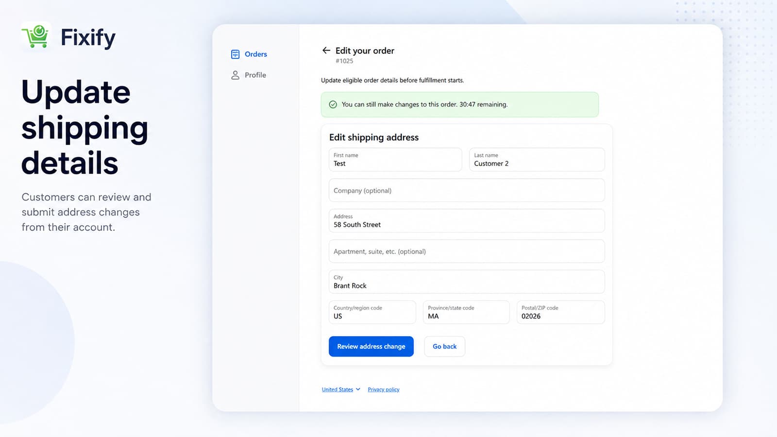 Fixify Customer Account screen for reviewing a Shopify shipping-address correction